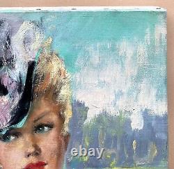 Oil Painting Portrait of Sensual Blonde Pin Up Woman with Hat Fashion Signed 1940s