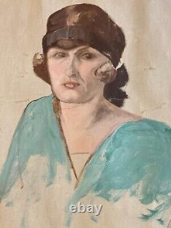 Oil Painting on Canvas 1920 Art Deco Woman Portrait Studio Bust to Identify