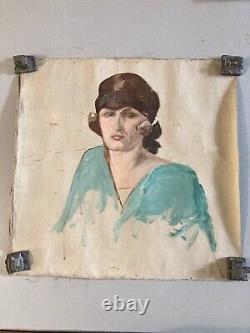 Oil Painting on Canvas 1920 Art Deco Woman Portrait Studio Bust to Identify