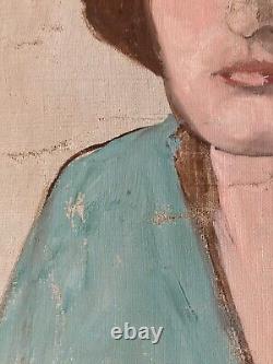 Oil Painting on Canvas 1920 Art Deco Woman Portrait Studio Bust to Identify