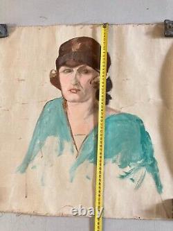 Oil Painting on Canvas 1920 Art Deco Woman Portrait Studio Bust to Identify