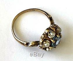Old Art Deco Blue Spinel Synthetic Pearl Women 10k Solid Gold Sz 6.5