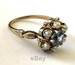 Old Art Deco Blue Spinel Synthetic Pearl Women 10k Solid Gold Sz 6.5
