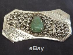 Old Art Deco Brooch For Women And Silver Jadeite Jade Tonkin Indochina