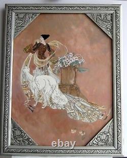 Old Art Deco Frame Oil Painting (by Feure) Woman and White Dog