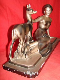 Old Art Deco Sculpture In Plaster Signed Cipriani The Woman And The Doe