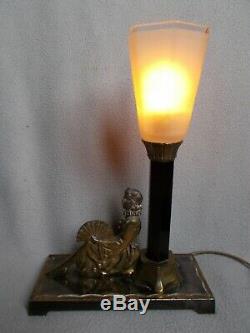 Old Art Deco Sculpture Night Light Woman Fan & Tulip Glass Vase