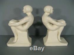 Old Art Deco Style Bookends Women Naked Boys Sarreguemines Faience