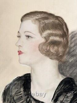 Old Drawing Pastel Art Deco Gaetano De Gennaro Portrait Beautiful Woman Fashion 1930