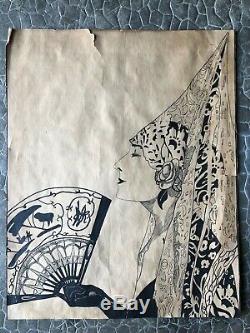 Old Ink Drawing Of China Period Art Deco Woman With Fan Early Twentieth