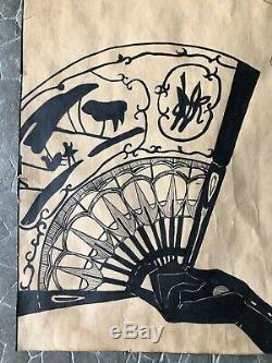 Old Ink Drawing Of China Period Art Deco Woman With Fan Early Twentieth