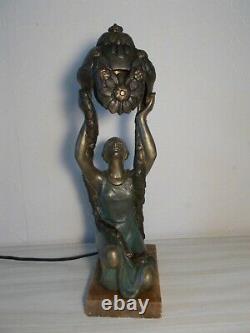 Old Lamp Art Deco 1930 P. Sega Statue Woman With Flowers Sculpture Lamp Woman