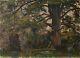 Old Oil Painting Signed Smith Landscape, Female, Park, Tree, Bench