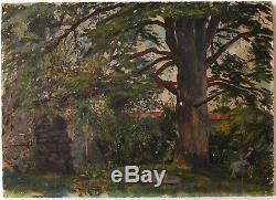 Old Oil Painting Signed Smith Landscape, Female, Park, Tree, Bench