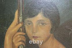 Old Painting Hst Portrait Of Woman Holding A Signed Rifle