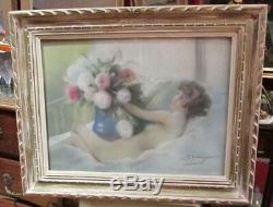 Old Pastel Painting 1930 Signed Seberger Woman Nude Nude Bouquet Flowers Art Deco