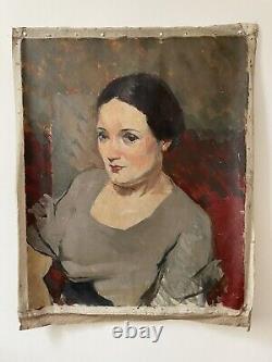 Old Portrait Painting of Young Woman Oil on Canvas by Jean Terles Agen