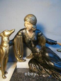 Old Sculpture Chryselephantine Art Deco 1930 Statue Woman & Dog Grey