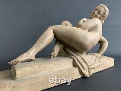 Old Sculpture Marcel Bouraine Art Deco Young Naked Woman Movement With Drape