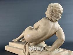 Old Sculpture Marcel Bouraine Art Deco Young Naked Woman Movement With Drape