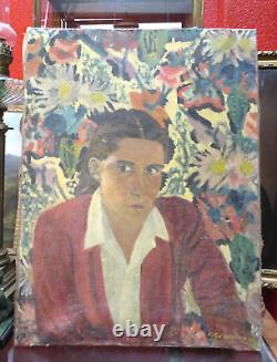 Old oil painting / art deco canvas from the 50s portrait of woman genestoux