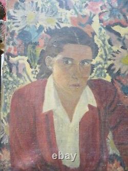 Old oil painting / art deco canvas from the 50s portrait of woman genestoux