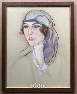 Original Art Deco Drawing Aris Metzanov Russian School of Paris Woman Portrait 1920