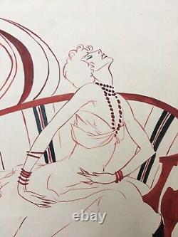 Original Art Deco Drawing Aristides Rechain Argentinian Woman Elegant Tango Dance
