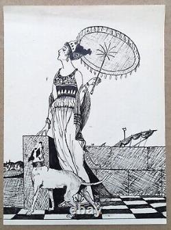 Original Art Deco Drawing Ink Portrait Woman Fashion Neo Greek Umbrella Dog 1920