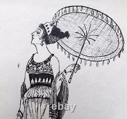 Original Art Deco Drawing Ink Portrait Woman Fashion Neo Greek Umbrella Dog 1920