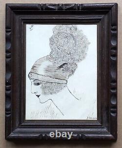 Original Art Deco Drawing Portrait of a Woman Fashion Hairstyle Headband Pearls Signed Frame