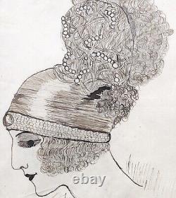 Original Art Deco Drawing Portrait of a Woman Fashion Hairstyle Headband Pearls Signed Frame