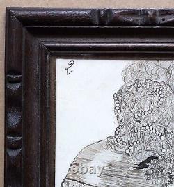 Original Art Deco Drawing Portrait of a Woman Fashion Hairstyle Headband Pearls Signed Frame