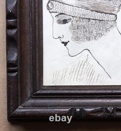 Original Art Deco Drawing Portrait of a Woman Fashion Hairstyle Headband Pearls Signed Frame