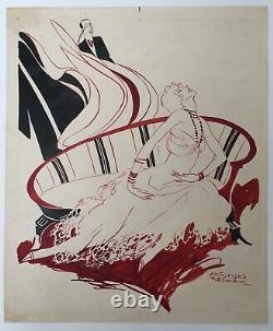 Original Art Deco Drawing by Aristides Rechain, Elegant Argentine Woman Dancing Tango