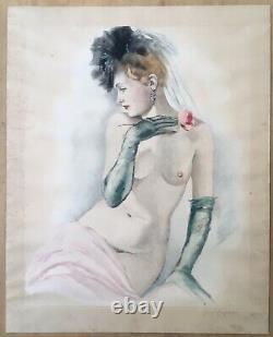 Original Art Deco Engraving Jean-dominique Van Caulaert Portrait Femme Nue Féminin Rose 1942