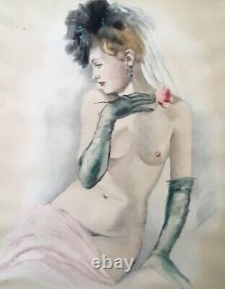 Original Art Deco Engraving Jean-dominique Van Caulaert Portrait Femme Nue Féminin Rose 1942