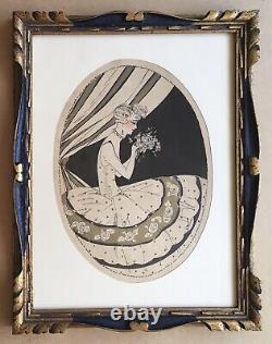 Original Art Deco Engraving Portrait Woman Elegant Fashion Dress Flowers Signed Frame
