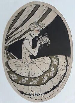 Original Art Deco Engraving Portrait Woman Elegant Fashion Dress Flowers Signed Frame