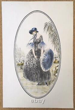 Original Art Deco Engraving Portrait of Elegant Woman in Dress, Hat, and Parasol by Mony