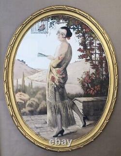 Original Art Deco Engraving William Ablett Portrait Femme Danseuse Spaniard Cadre Ovale