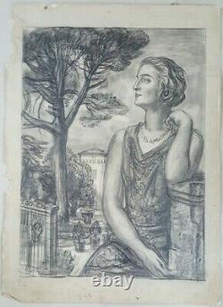 Original Charcoal Drawing Albert Decaris (1901-1988) Profile Woman Art Deco