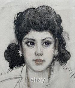 Original Drawing Ancient Portrait Art Deco Beautiful Young Brunette Russian 1930s