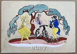 Original Gouache Art Deco VIC Gallant Scene Humorous Sensual Woman Men on Bicycle