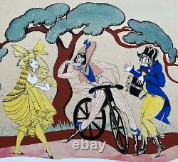 Original Gouache Art Deco VIC Gallant Scene Humorous Sensual Woman Men on Bicycle