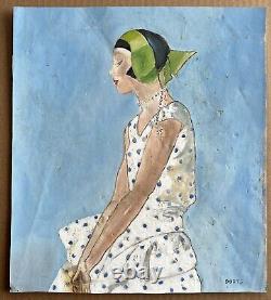 Original Gouache Portrait of a Woman in Polka Dot Dress with Headband and Necklace Fashion Art Deco Style