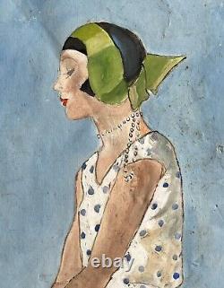 Original Gouache Portrait of a Woman in Polka Dot Dress with Headband and Necklace Fashion Art Deco Style