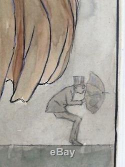 Original Watercolor Art Deco Portrait Elegant Umbrella Wind Mariani