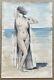 Original Watercolor Art Deco Portrait Of Nude Female Woman In Seaside Beach