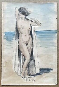 Original Watercolor Art Deco Portrait of Nude Female Woman in Seaside Beach